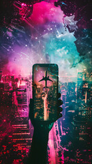 Hand holding a Smartphone projecting an airplane over a futuristic digital cityscape. modern travel technology and augmented reality