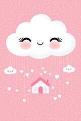 Cute Cartoon Cloud with Happy Faces and Hearts Illustrating a Cozy House on a Soft Pink Background