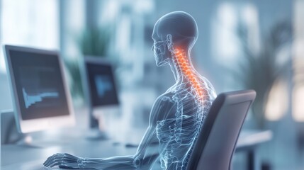 Anatomical illustration showcasing spinal health at a workstation, highlighting ergonomic desk setup to prevent neck pain and discomfort.