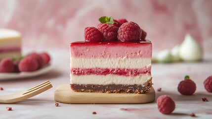 A layered cheesecake slice with a slender wooden fork beside it