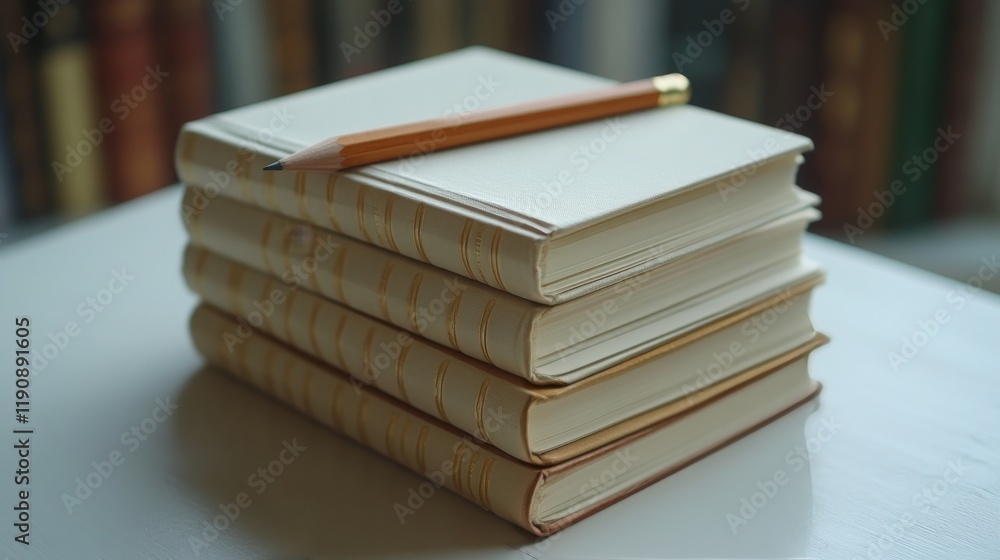 Poster collection of blank notebooks stacked on a table with a pencil resting on top