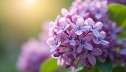 Fototapeta premium Lilac blossoms in macro with detailed petals and soft sunlight