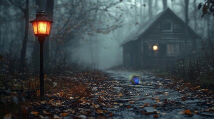 Misty Forest Cabin with Cinematic Lighting. Generative AI