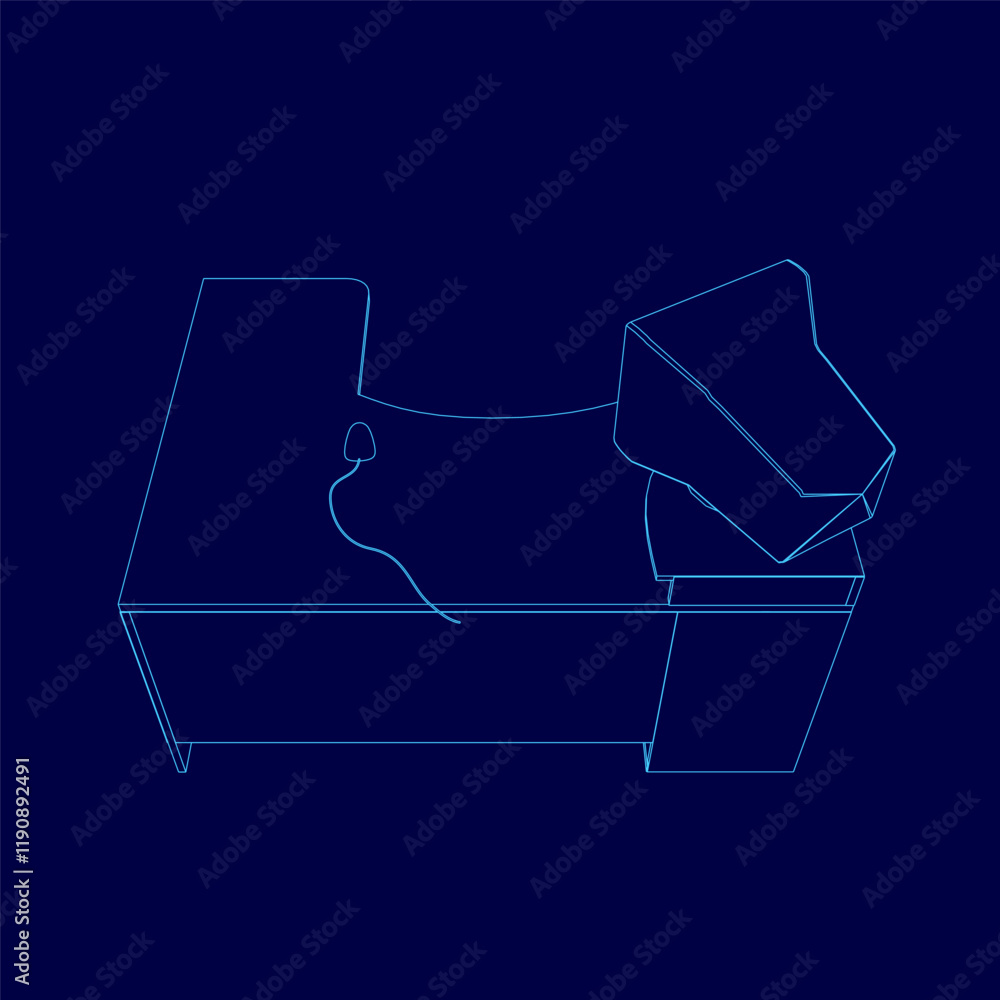 Poster blue drawing of a desk with a computer monitor and a keyboard. the desk is empty and the monitor is 