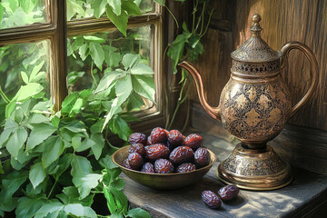 Elegant brass teapot and bowl of dates by a sunlit window with lush green leaves.