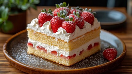 Delicious strawberry cream cake topped with fresh berries on a decorative plate