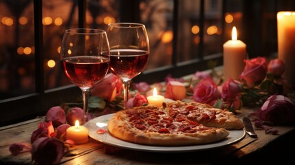 Romantic Dinner Setting with Pizza, Red Wine, Candles, and Roses on Table at Dusk with Soft Background Lights