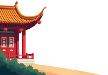 Serene Asian Pagoda: Golden roof, red doors, hanging lanterns.  A tranquil scene of peace and cultural heritage., cut out,transparent background