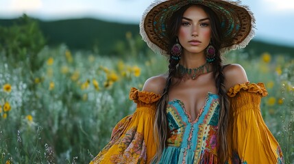 A boho maxi dress illustration featuring vibrant floral patterns and a flowing, elegant silhouette. generative ai