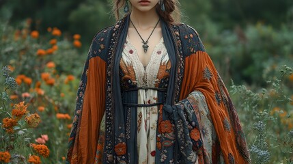 flowing boho dress with intricate floral and paisley patterns with warm earthy colors like burnt orange generative ai