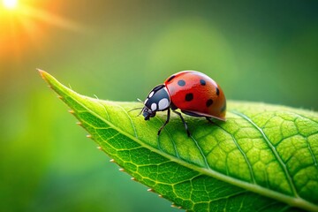 Obraz premium Minimalist Ladybug Photography: Single Red Ladybug on Green Leaf