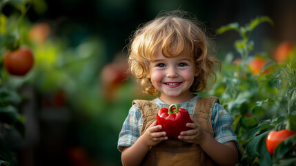 kid with his tongue out and funny expression holding a red pepper on blurred bright background; kid disliking vegetables