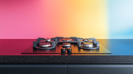 A modern kitchen that features a sparkly black granite worktop a large gas hob cooker isolated on a colorful background