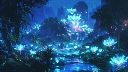 Enchanted Fantasy Landscape with Glowing Bioluminescent Flora