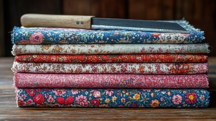 Colorful stacked fabrics on a blue table with scissors and flowers in a vase during daytime