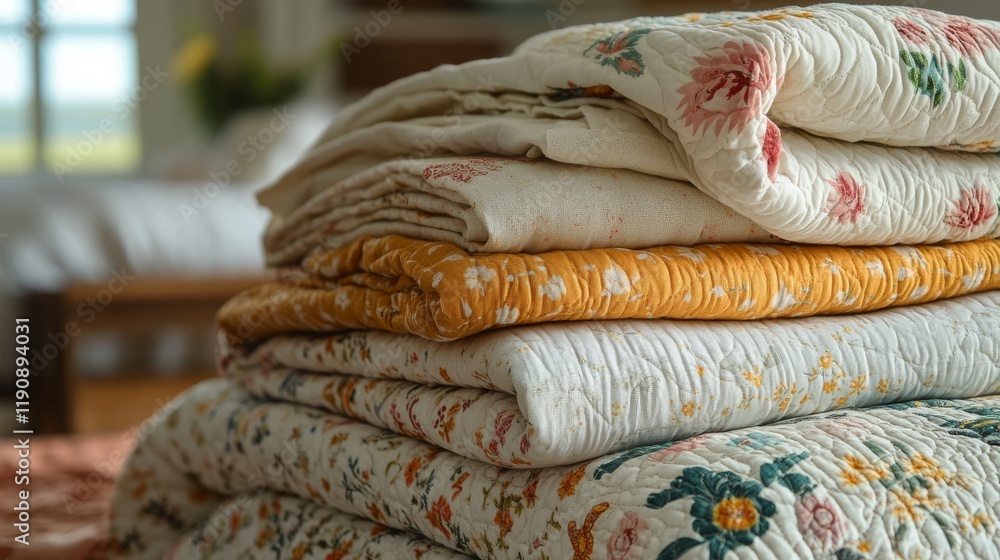 Poster colorful quilts stacked neatly in a creative display showcasing intricate floral patterns