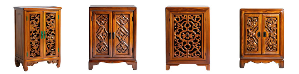 Elegant Wooden Cabinets with Intricate Carved Designs and Details