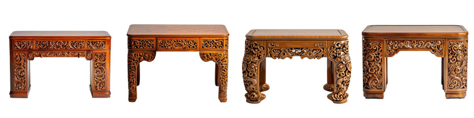 Antique Wooden Tables with Intricate Carvings and Rich Finish