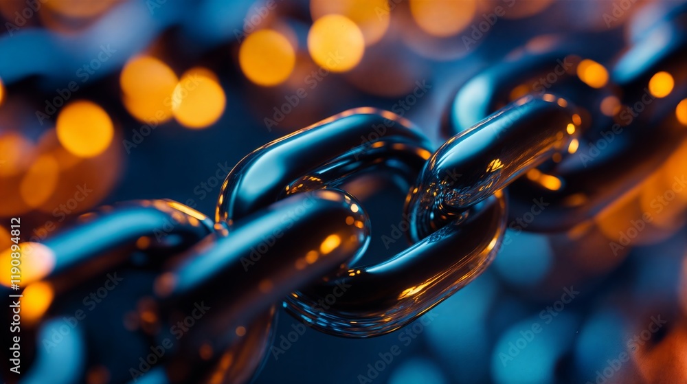 Poster strong metallic chain reflecting golden bokeh lights representing security and connection