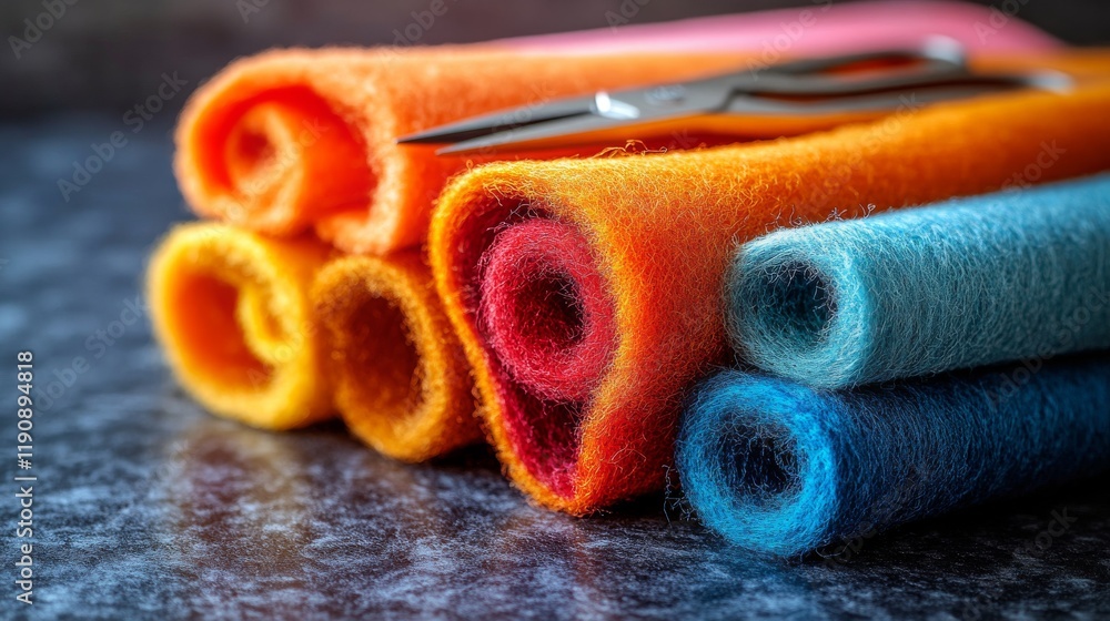 Poster colorful felt sheets stacked with scissors on a textured surface in a crafting workspace