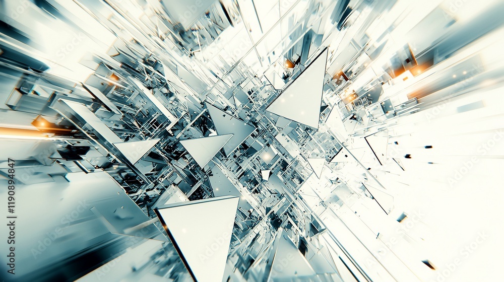 Poster Abstract futuristic metallic structure with triangles and glowing lights.