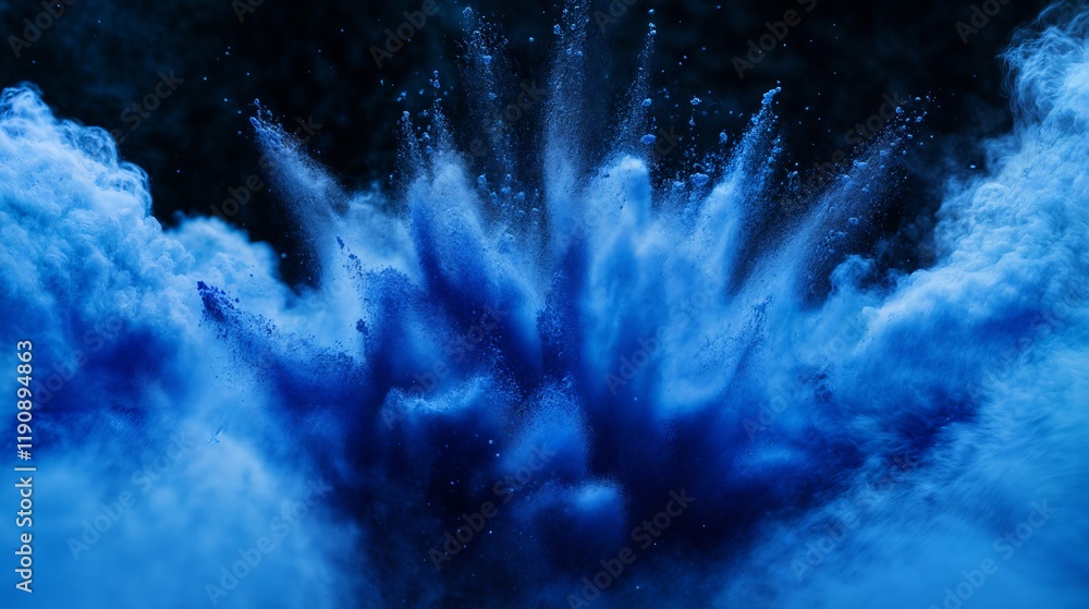 Poster blue powder exploding creating a colorful cloud on black background