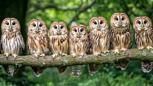 Seven owls sitting on a branch in a lush green forest during a sunny day