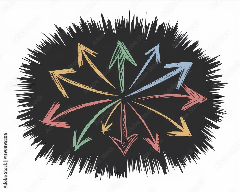 Poster colorful arrows radiating from central point showing multiple directions