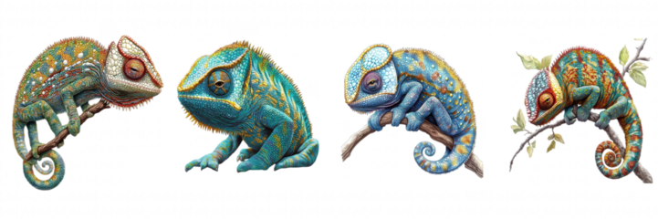 Colorful chameleons, vibrant patterns, perched on branches, showcasing diverse hues, nature's adaptable wonders Isolated on white background or PNG