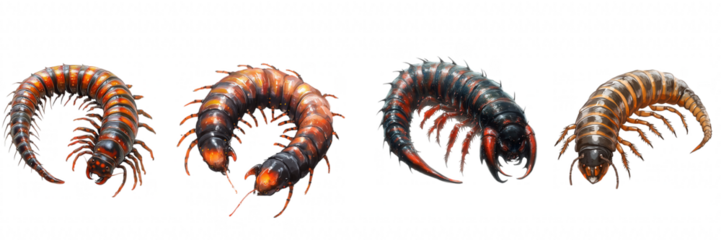 Artificial millipede creatures, diverse textures, segmented bodies, varying colors, standalone white background. Isolated on white background or PNG