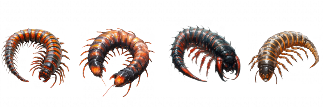 Artificial millipede creatures, diverse textures, segmented bodies, varying colors, standalone white background. Isolated on white background or PNG