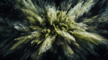 Fototapeta premium Green and white powder exploding on black background