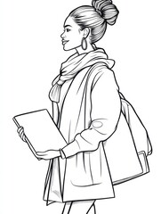 Urban Chic: A stylish woman, adorned with a scarf, carries a laptop and bag, walking towards a new adventure, her confident stride captured in a minimalist line art style.  