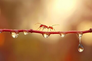 An ant crossing a vine in a garden with water droplets hanging down from the vine- calgary, alberta, canada 