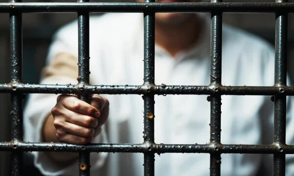 someone holding iron bars in a prison