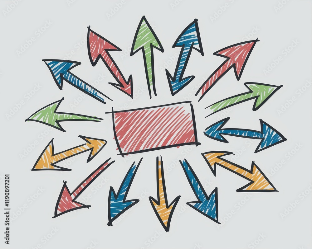 Poster colorful arrows converging on central square box