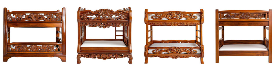 Ornate Wooden Bunk Beds with Intricate Carvings and Design Elements