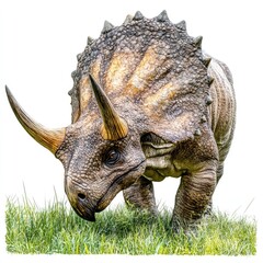 Fototapeta premium Triceratops grazing, prehistoric scene, isolated white background, educational use
