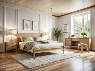 Minimalist Shaker Bedroom: Light Wood Furniture, High Ceilings, Wool Rug - Macro Photography