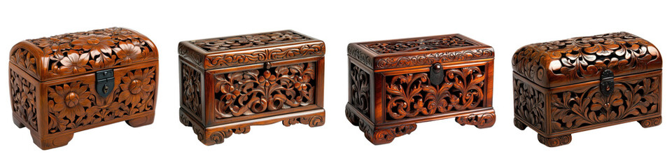 Intricately Carved Wooden Treasure Chests with Floral Designs