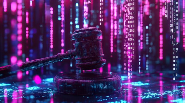 A judge's gavel is placed on a digitally rendered surface with glowing circuitry and binary code - Powered by Adobe