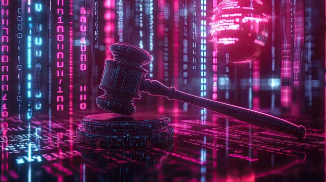 A judge's gavel is placed on a digitally rendered surface with glowing circuitry and binary code