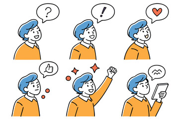 Cartoon character icons, blue hair, orange sweater, various expressions and gestures, speech bubbles with symbols, minimalist line art style, flat color design, emotion set, communication concept, vec