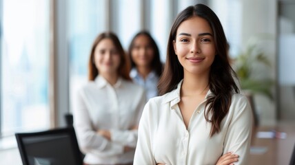 A confident woman stands in front of her colleagues in a modern office, showcasing teamwork and professionalism in a vibrant work environment.