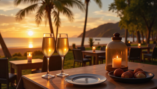 Two glasses of champagne and snacks on a table at sunset by the beach