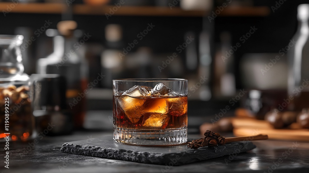 Poster Glass of whiskey with ice cubes on bar counter with spices and blurred background bottles