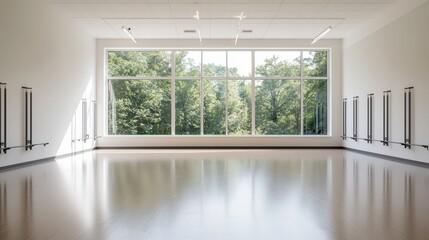 Fototapeta premium A bright, spacious dance studio featuring large windows with a view of greenery, designed for movement and creativity.