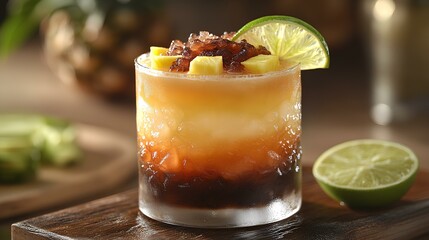 Fototapeta premium tasty cocktail with a base of gold rum and citrus juice. floating on top is a perfect layer of dark rum. garnished with a pineapple wedge and lime slice on rim