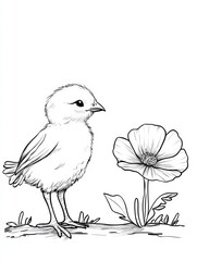 Obraz premium Chick & Bloom: A charming line drawing of a fluffy chick gazing at a blooming poppy, exuding innocence and springtime joy. Perfect for coloring books, children's illustrations, or crafting projects.