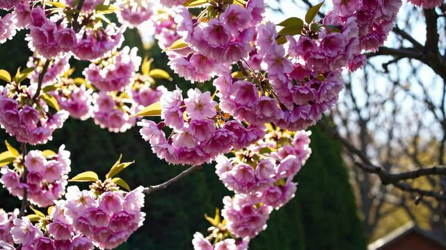 Pink cherry tree blossom flowers blooming in spring, easter time against a natural sunny blurred garden